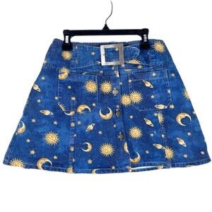 Vintage Y2K Niki Lee Denim Celestial Mini Skirt Sz 5 (26 waist) Blue Yellow Moon